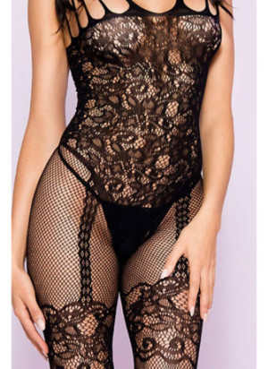 Bodystocking noir effet body jarretelles dentelle résille avec multiples bretelles - ML1783BLK